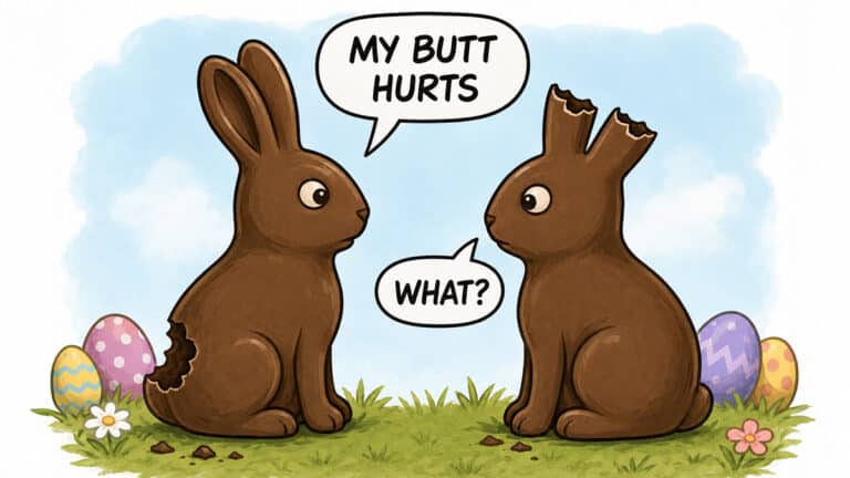 Comic illustration of two chocolate Easter bunnies, one with a bitten tail and the other with bitten-off ears, joking about whose missing chocolate hurts more.