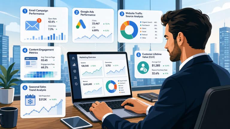 Marketing analyst reviewing six business strategies, including email, ads, traffic, engagement, customer value and seasonal sales data